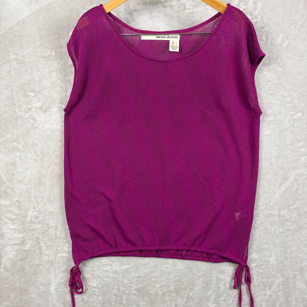 DKNY Jeans Top Size L Women's Purple Loose Knit String Hem Layering Boho